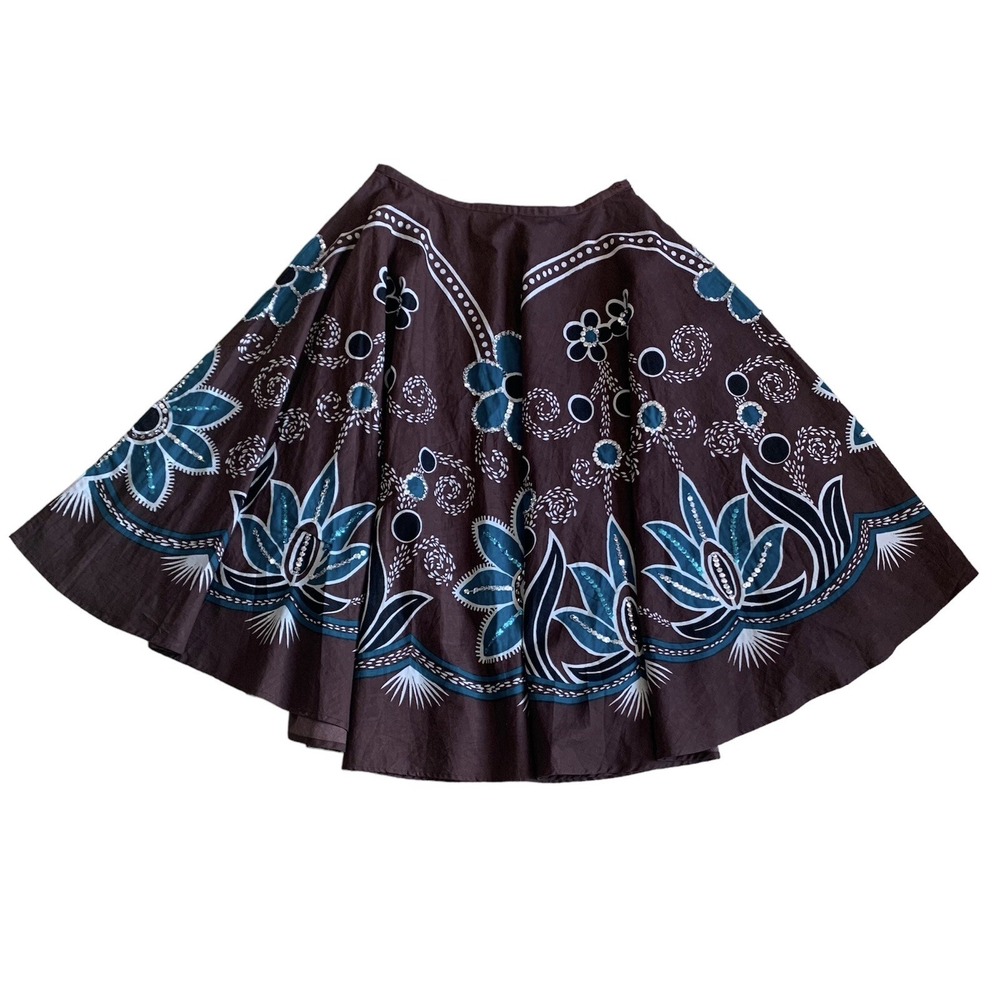 MILLENIUM FLORAL Brown‎ Teal Flowers With Sequins Skirt Size M/L 100% Cotton.